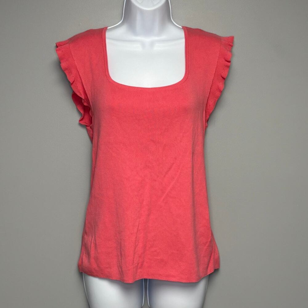 Talbots Square Neck Romantic Feminine Ruffle Flutter Sleeve Salmon Knit Top Sz M